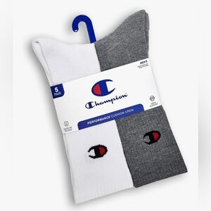 NEW Champion Men’s Performance Cushion Crew Socks 5 Pairs White Black Gray
